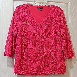 Roz & Ali Womens Blouse Size 1X Red Maroon Lace 3/4 Sleeves Stretch Pullover